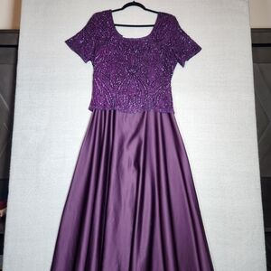 Vintage Stenay Plum Purple Glass Beaded 100% Silk Maxi Dress Womens Size 14